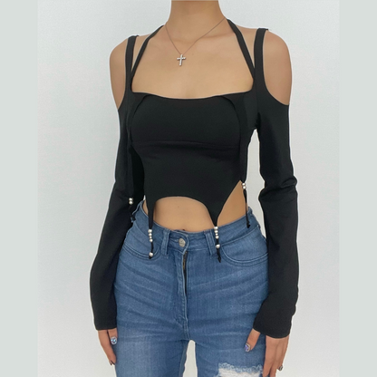 BerryBetty - Long sleeve solid cross front beaded self tie backless crop top