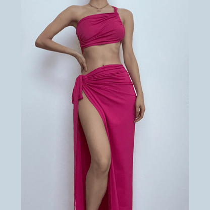 BerryBetty - Ruched solid one shoulder irregular self tie maxi skirt set