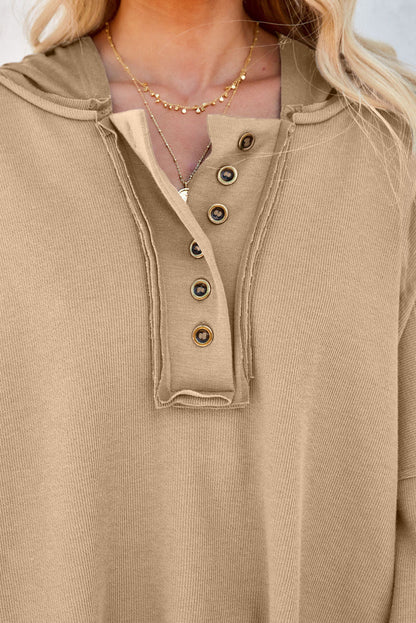 BerryBetty - Khaki Casual Button Solid Patchwork Trim Hoodie