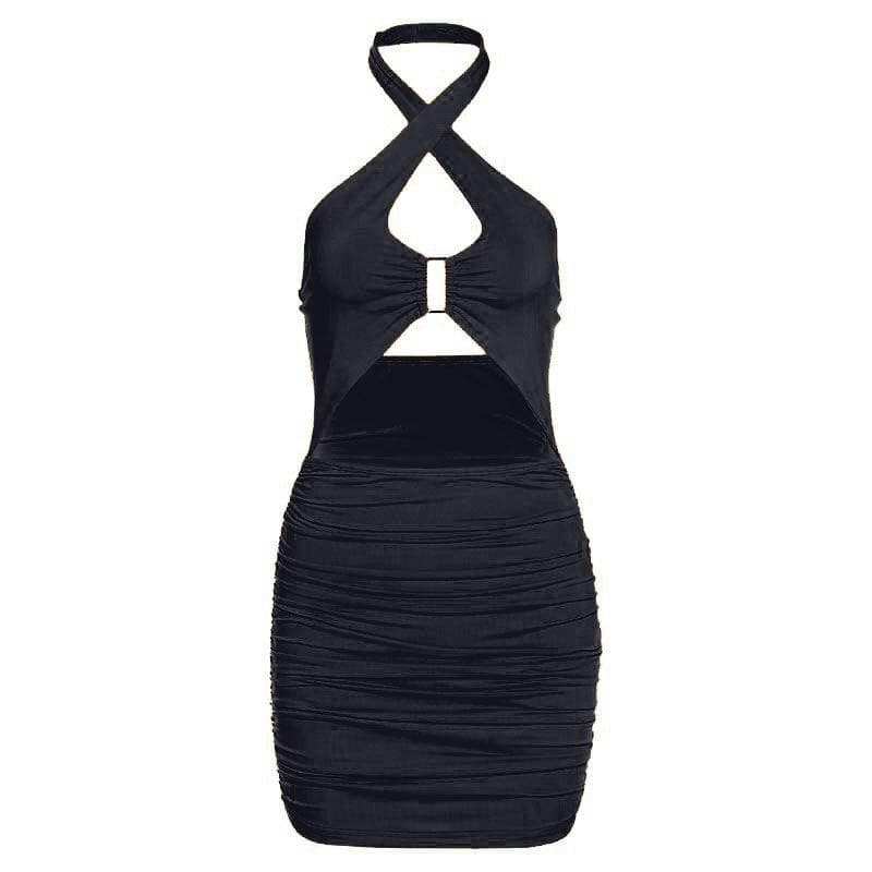 Hollow out Ring Halter Bodycon Dress - Halibuy