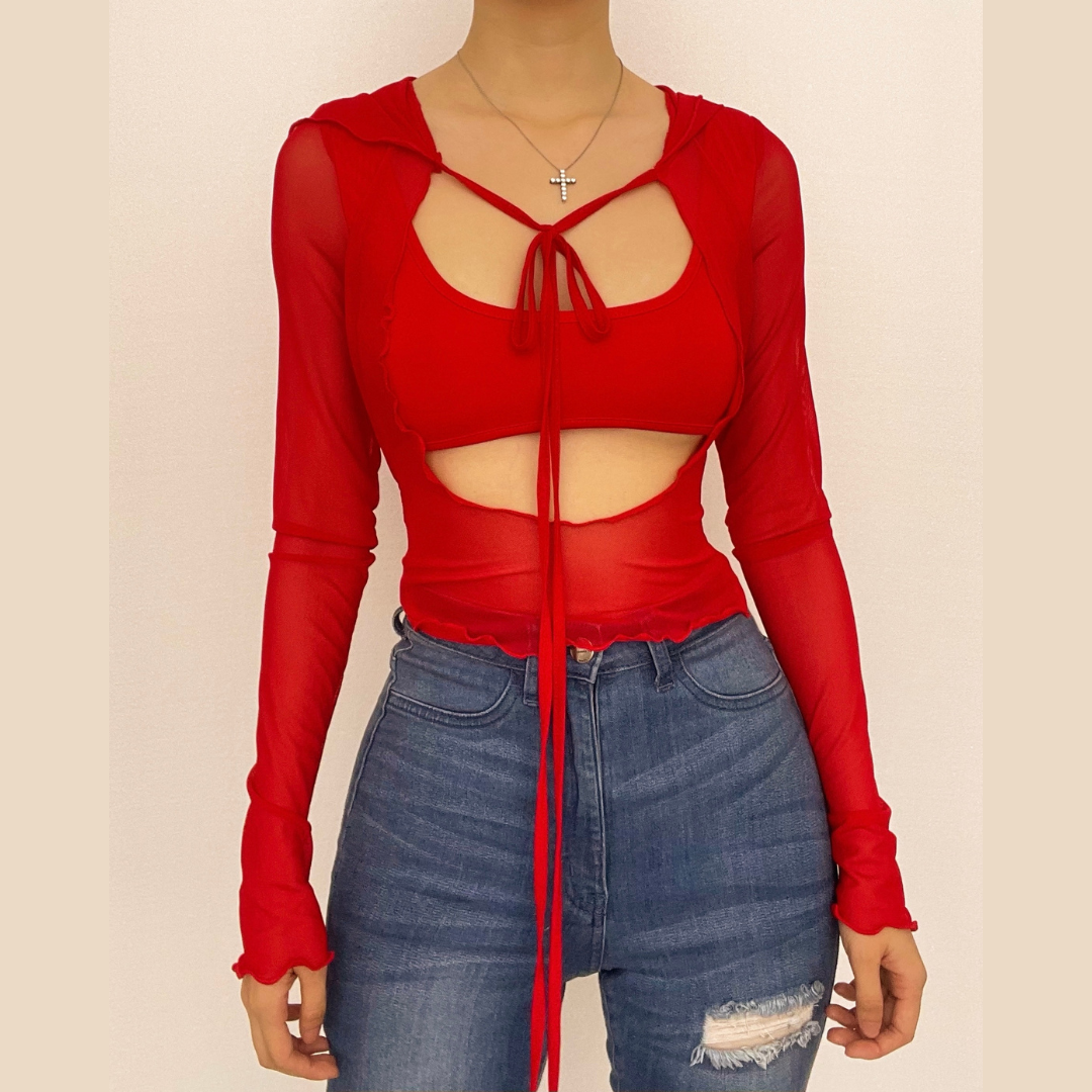 BerryBetty - Long sleeve solid mesh hoodie self tie hollow out crop top