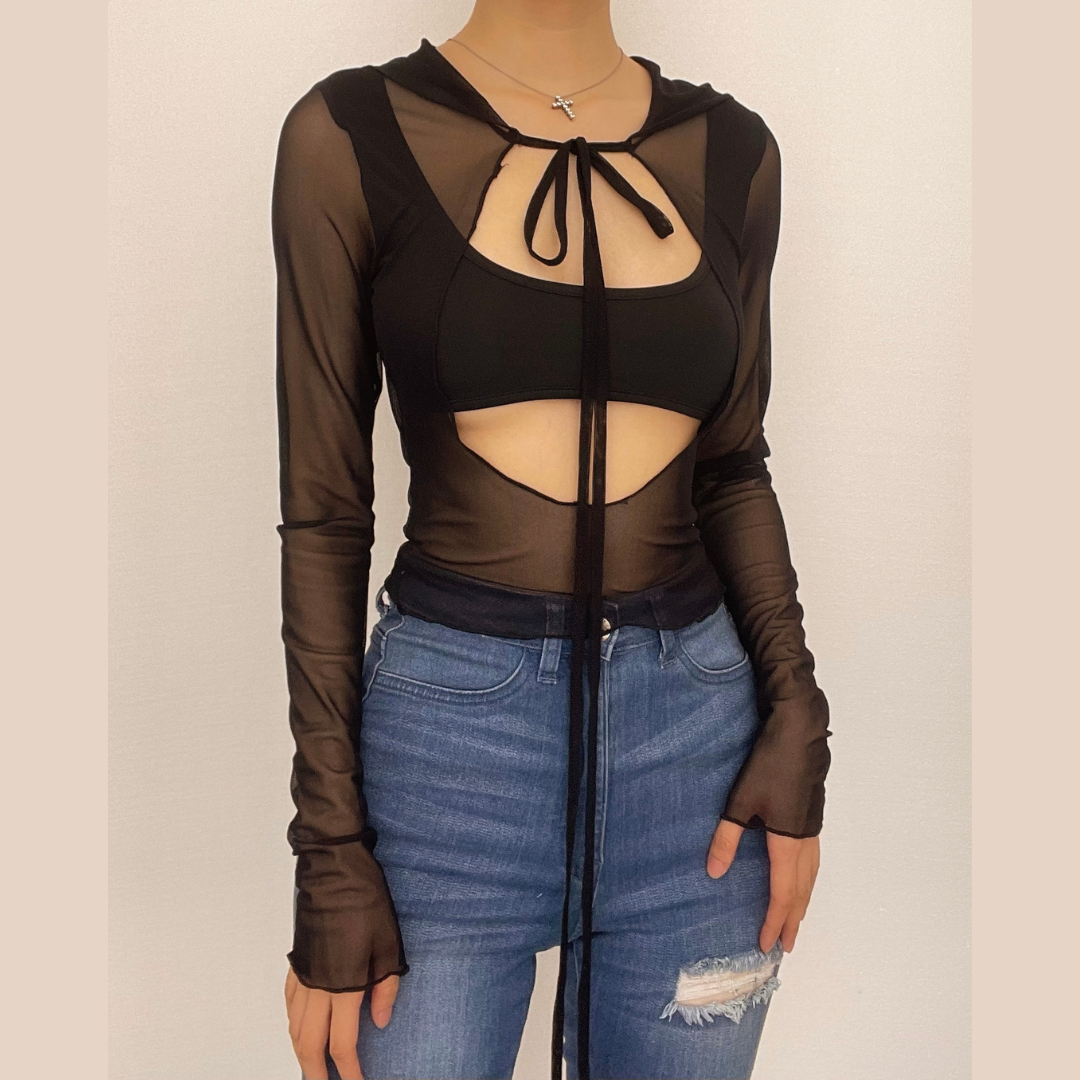 BerryBetty - Long sleeve solid mesh hoodie self tie hollow out crop top