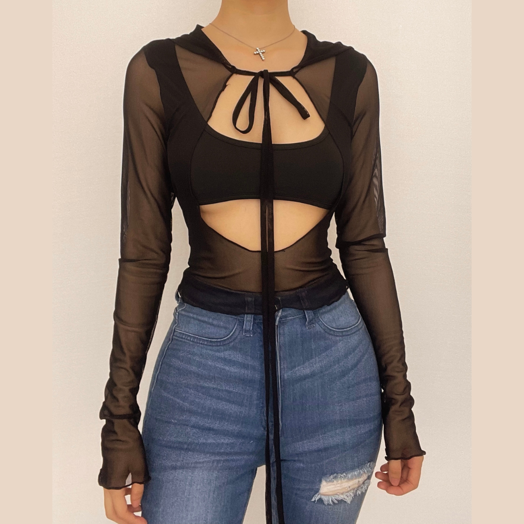 BerryBetty - Long sleeve solid mesh hoodie self tie hollow out crop top