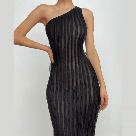 BerryBetty - Textured ruffle one shoulder irregular solid maxi dress