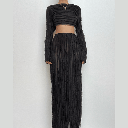 BerryBetty - Textured self tie solid backless ruffle maxi skirt set