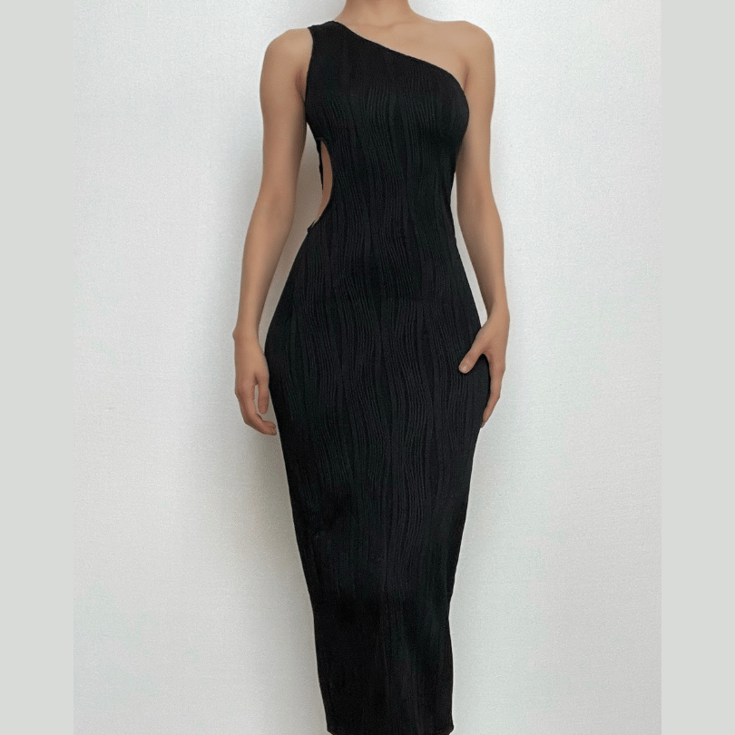 BerryBetty - Textured one shoulder irregular hollow out solid midi dress