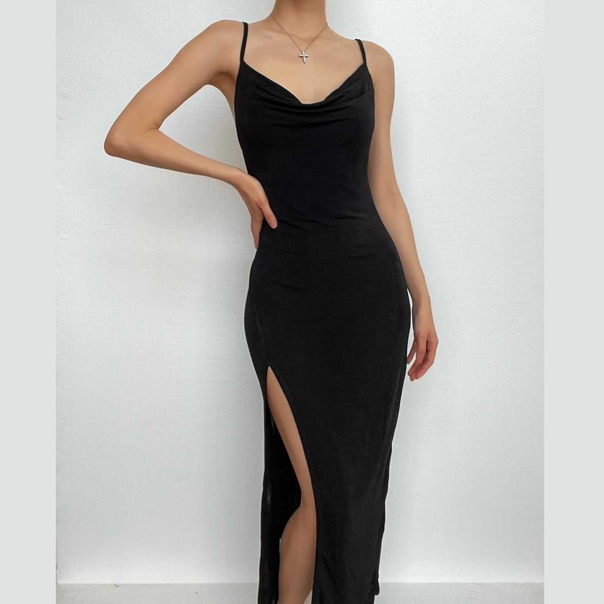 BerryBetty - Cowl neck slit backless solid irregular cami midi dress