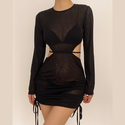 BerryBetty - See through long sleeve ruched open back drawstring dress