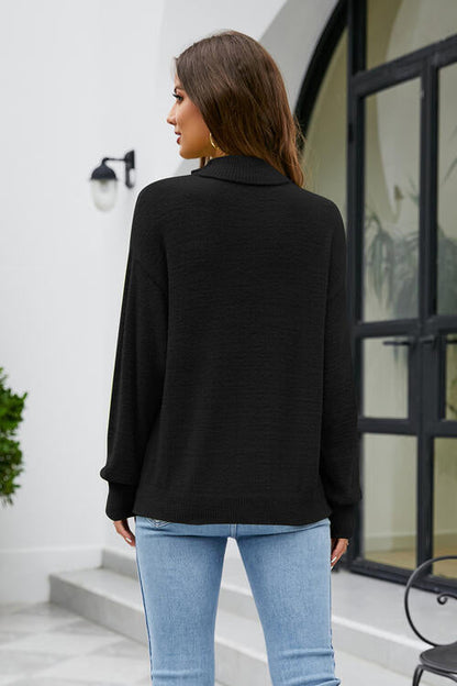 BerryBetty - Mock Neck Dropped Shoulder Long Sleeve Sweater