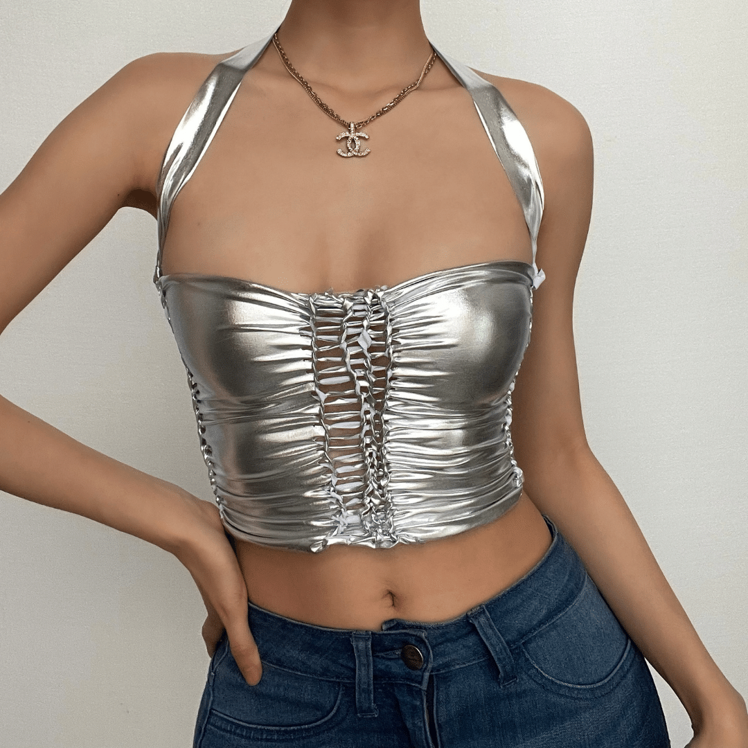 BerryBetty - Lace up metallic halter low cut backless solid crop top