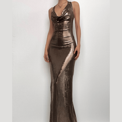 BerryBetty - Metallic cowl neck ruched halter backless maxi dress