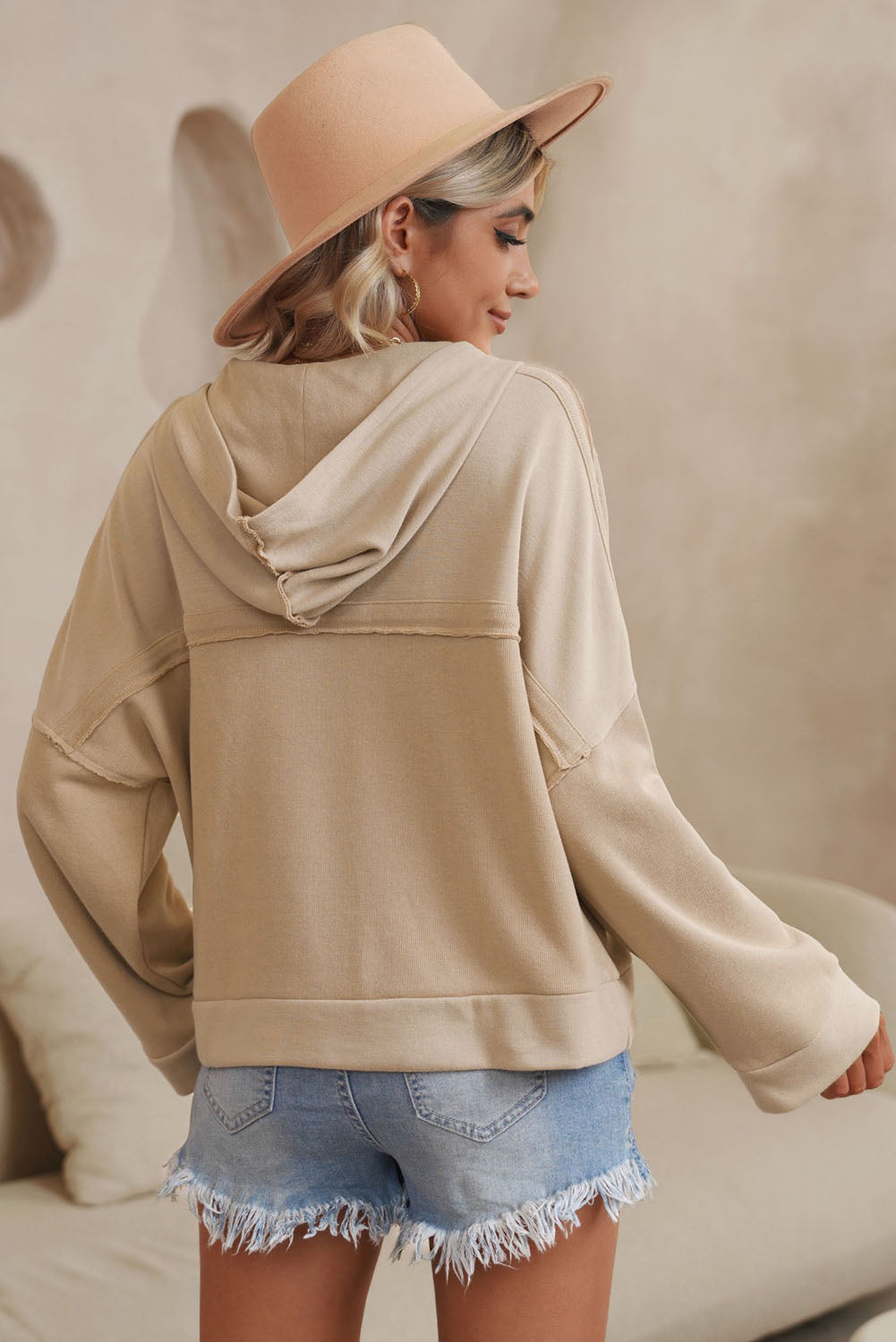 BerryBetty - Khaki Casual Button Solid Patchwork Trim Hoodie