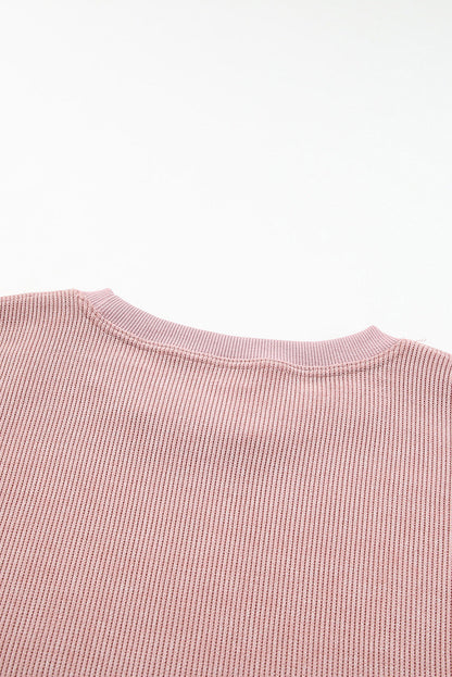 BerryBetty - Pink Solid Ribbed Knit Round Neck Pullover Sweatshirt