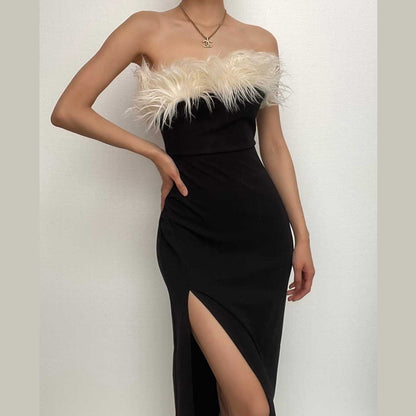 BerryBetty - Fluffy contrast slit backless zip-up tube midi dress