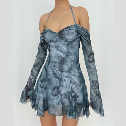 BerryBetty - Long sleeve tie dye off shoulder ruched sweetheart neck self tie backless mini dress