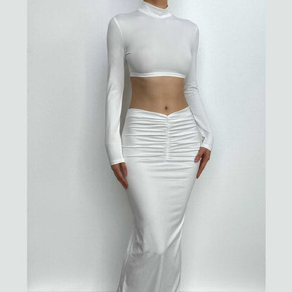 BerryBetty - High neck long sleeve ruched solid maxi skirt set