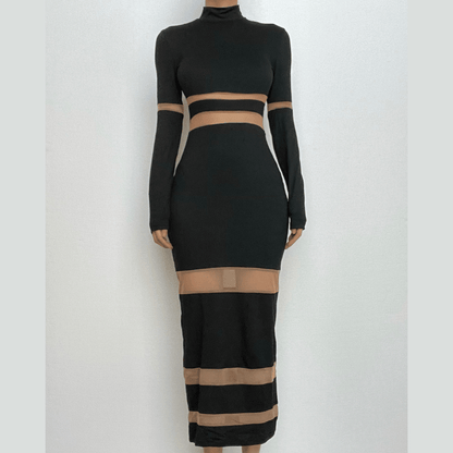 BerryBetty - Patchwork mesh contrast long sleeve high neck maxi dress