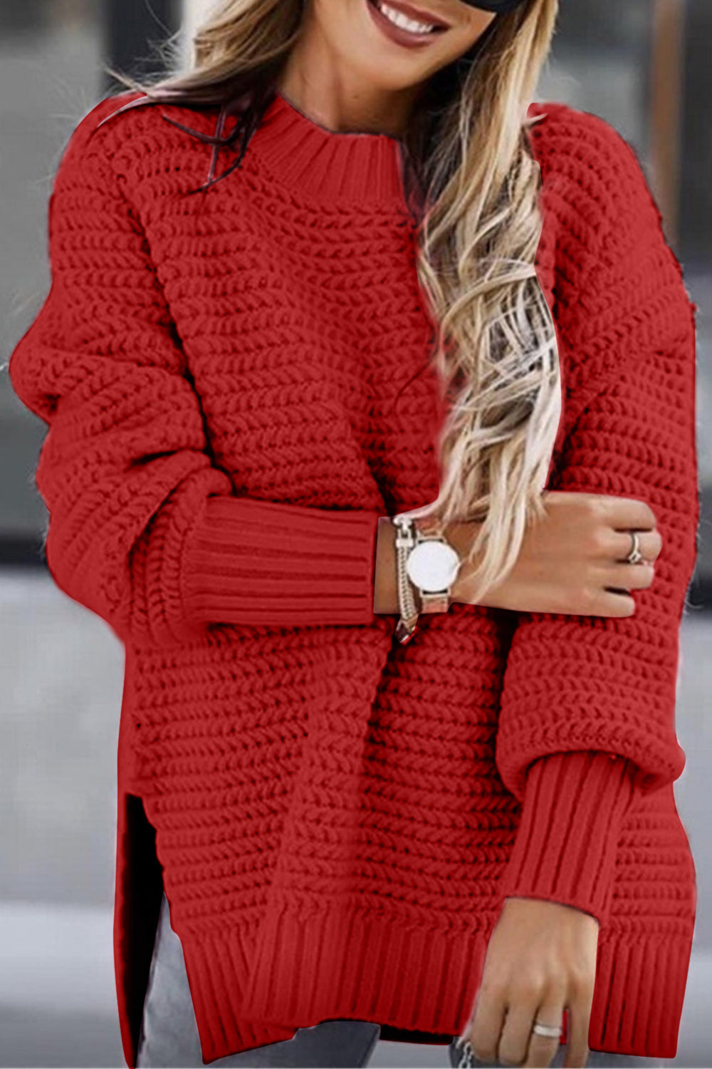 Round Neck Slit Sweater Deep Red clothes long sleeve top Ship From Overseas Shipping Delay 10/01/2023 - 10/02/2023 Sweater sweaters Y*X