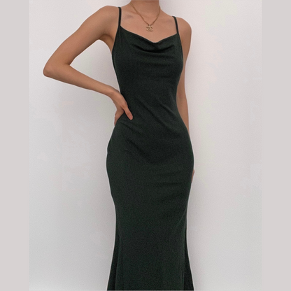 BerryBetty - Sleeveless solid ribbed cowl neck backless ruffle maxi dress