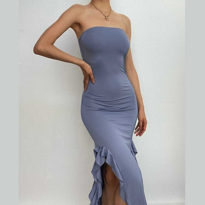 BerryBetty - Solid slit irregular ruffle ribbon backless tube midi dress