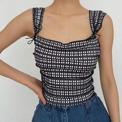 BerryBetty - Square neck stitch knotted plaid print cap sleeve crop top