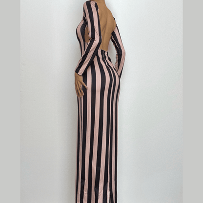 BerryBetty - Striped print backless long sleeve contrast round neck maxi dress