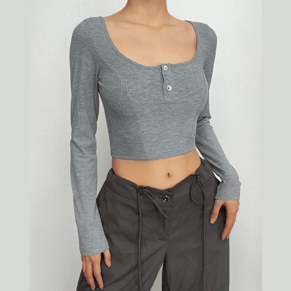 BerryBetty - Button long sleeve square neck solid crop top - Final Sale