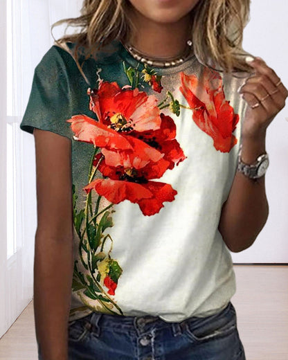 BerryBetty - Round neck floral print short sleeve t-shirt