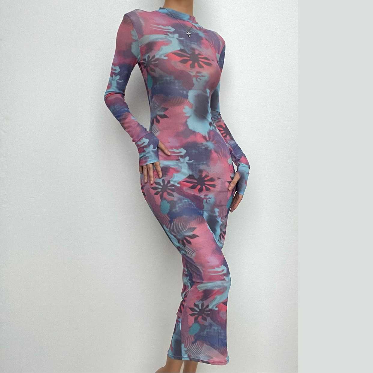 BerryBetty - Sheer mesh see through flower print contrast gloves long sleeve maxi dress