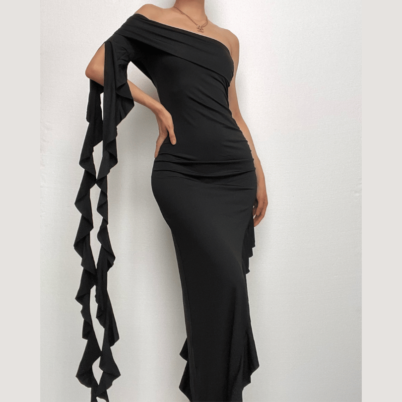 BerryBetty - Ruffle solid one shoulder irregular backless maxi dress