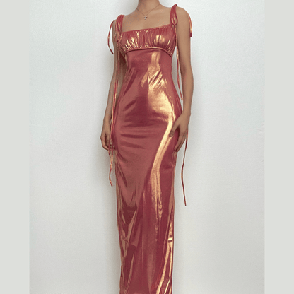 BerryBetty - Metallic ruched backless self tie square neck maxi dress