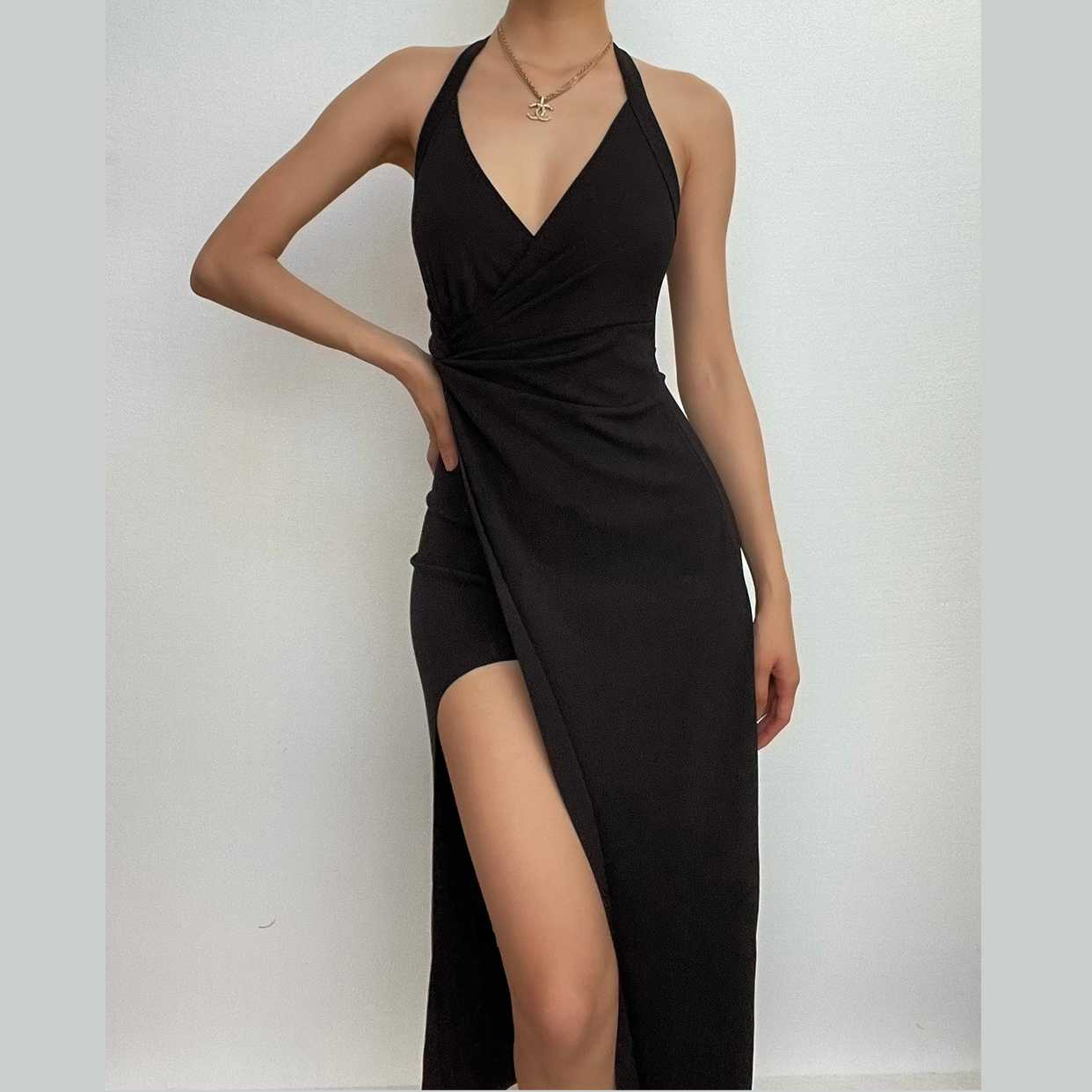 BerryBetty - Ruched v neck knotted halter solid slit backless midi dress