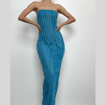 BerryBetty - Backless ruffle solid textured tube maxi dress