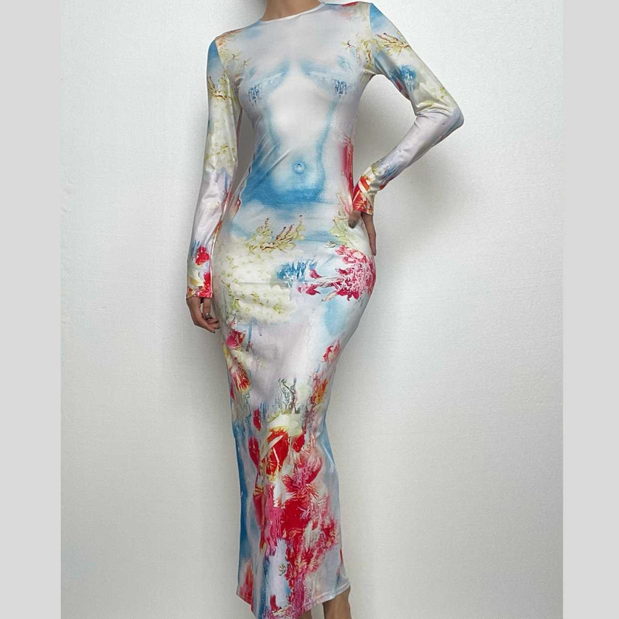 BerryBetty - Long sleeve crewneck flower print contrast maxi dress