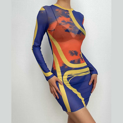 BerryBetty - Sheer mesh see through long sleeve contrast crewneck mini dress