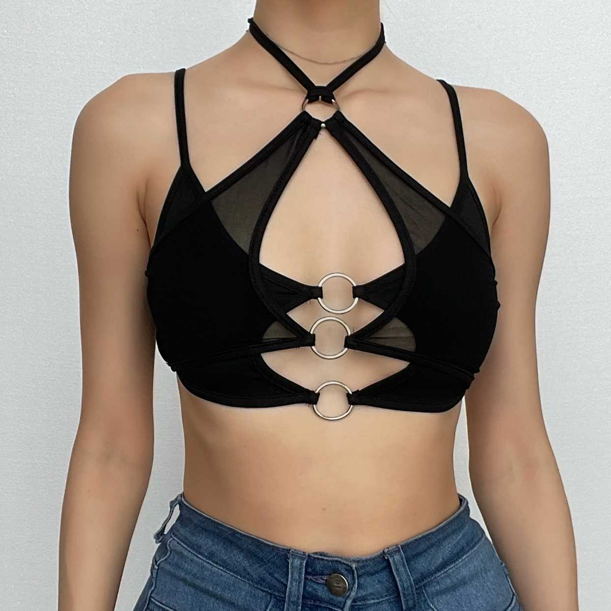 BerryBetty - Mesh halter o ring solid hollow out backless patchwork crop top