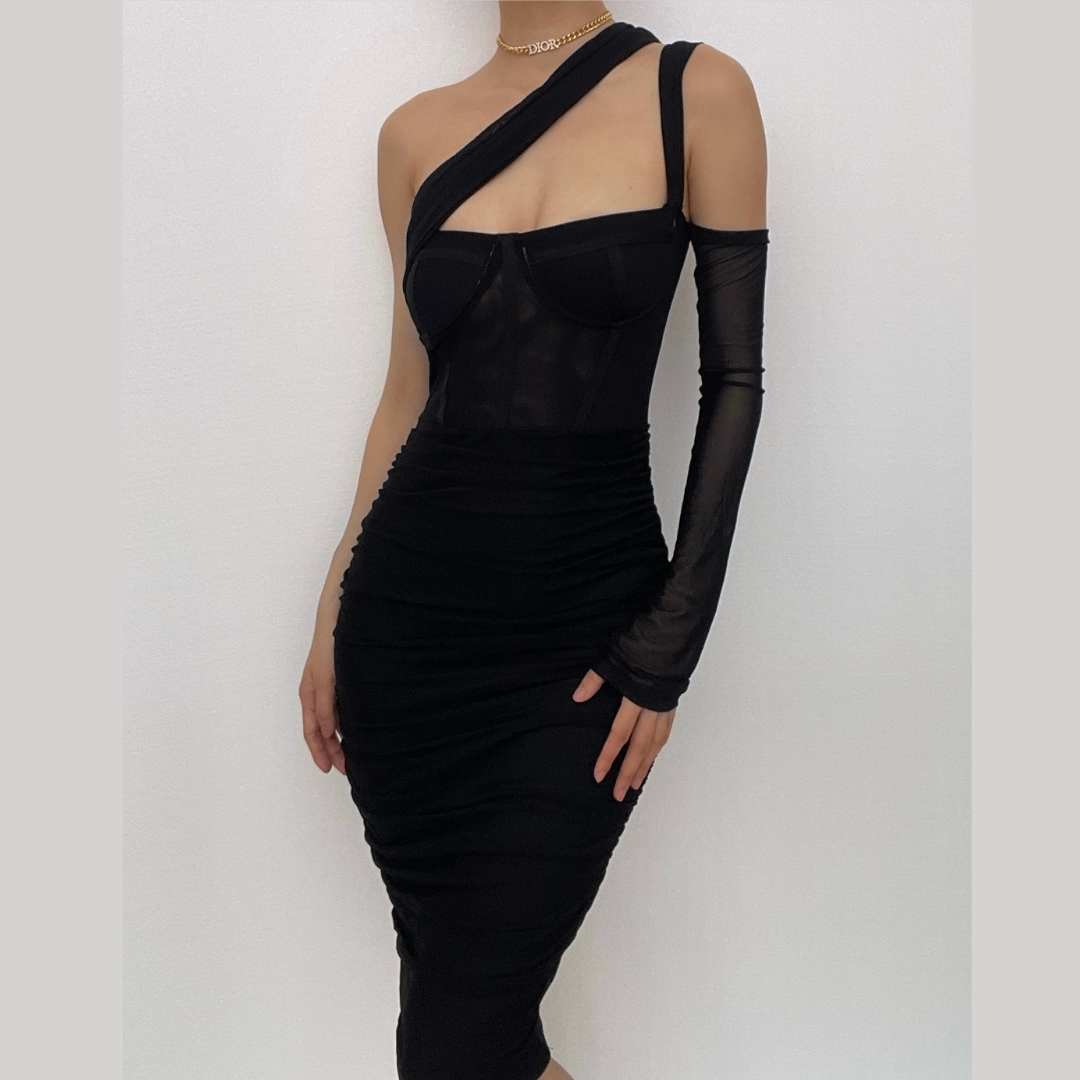 BerryBetty - Irregular one shoulder ruched sheer mesh long sleeve dress - Final Sale