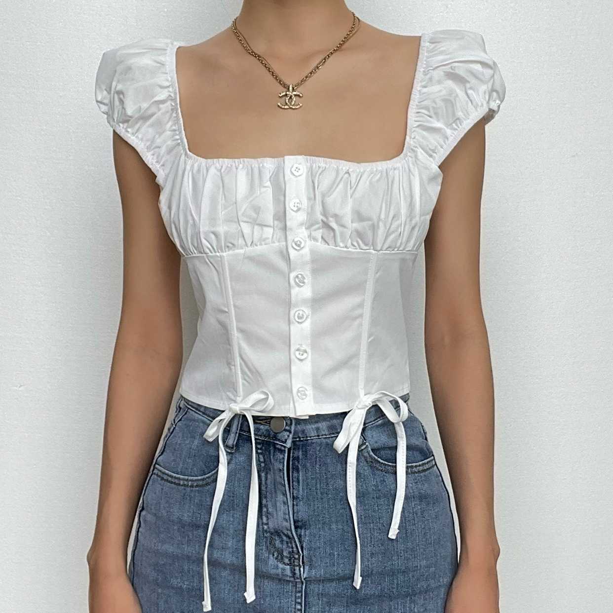 BerryBetty - Button cap sleeve solid ruched square neck crop top