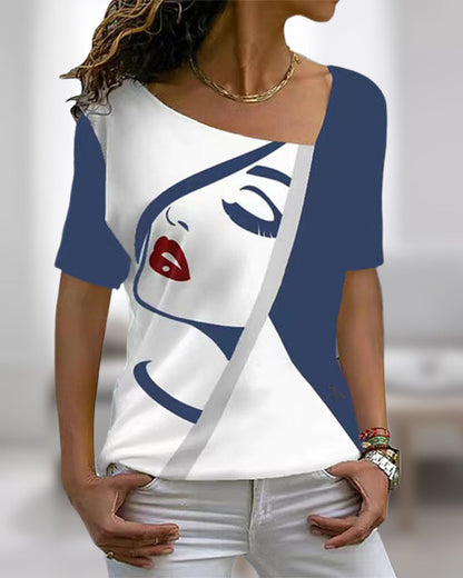 BerryBetty - V-neck face print short-sleeved t-shirt