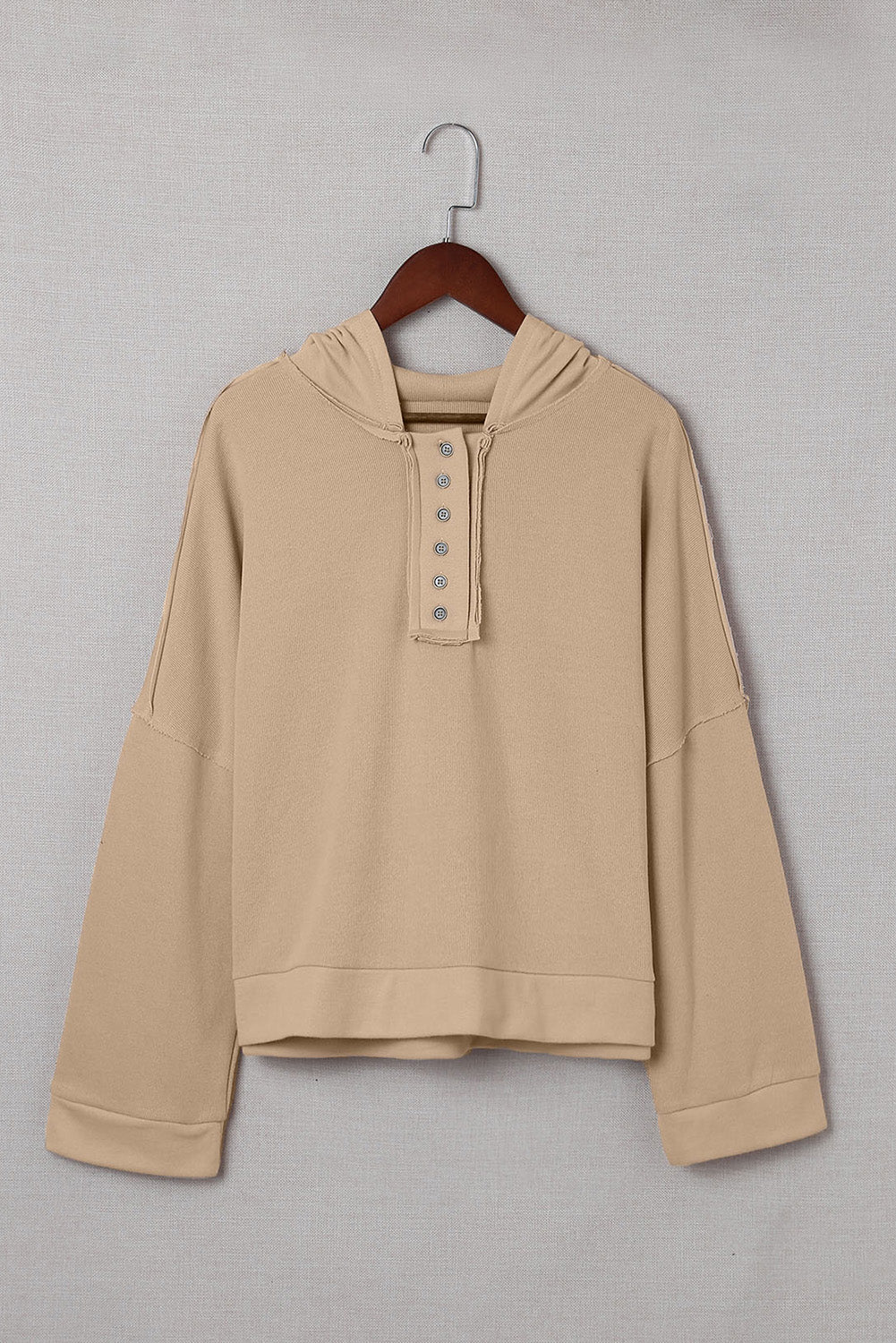 BerryBetty - Khaki Casual Button Solid Patchwork Trim Hoodie