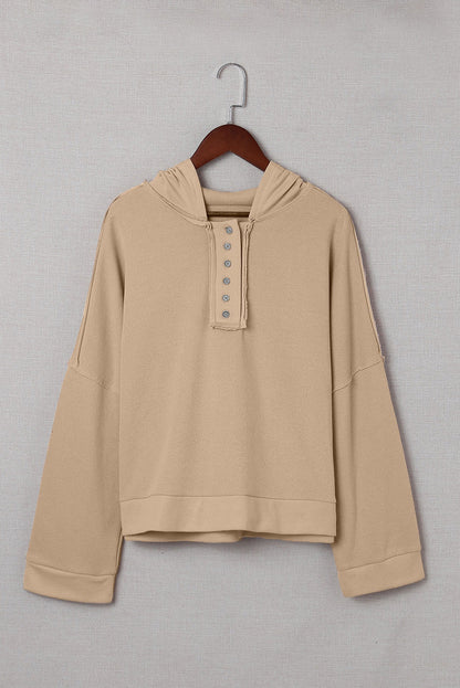 BerryBetty - Khaki Casual Button Solid Patchwork Trim Hoodie