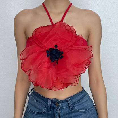 BerryBetty - Flower pattern embroidery contrast halter self tie backless crop top