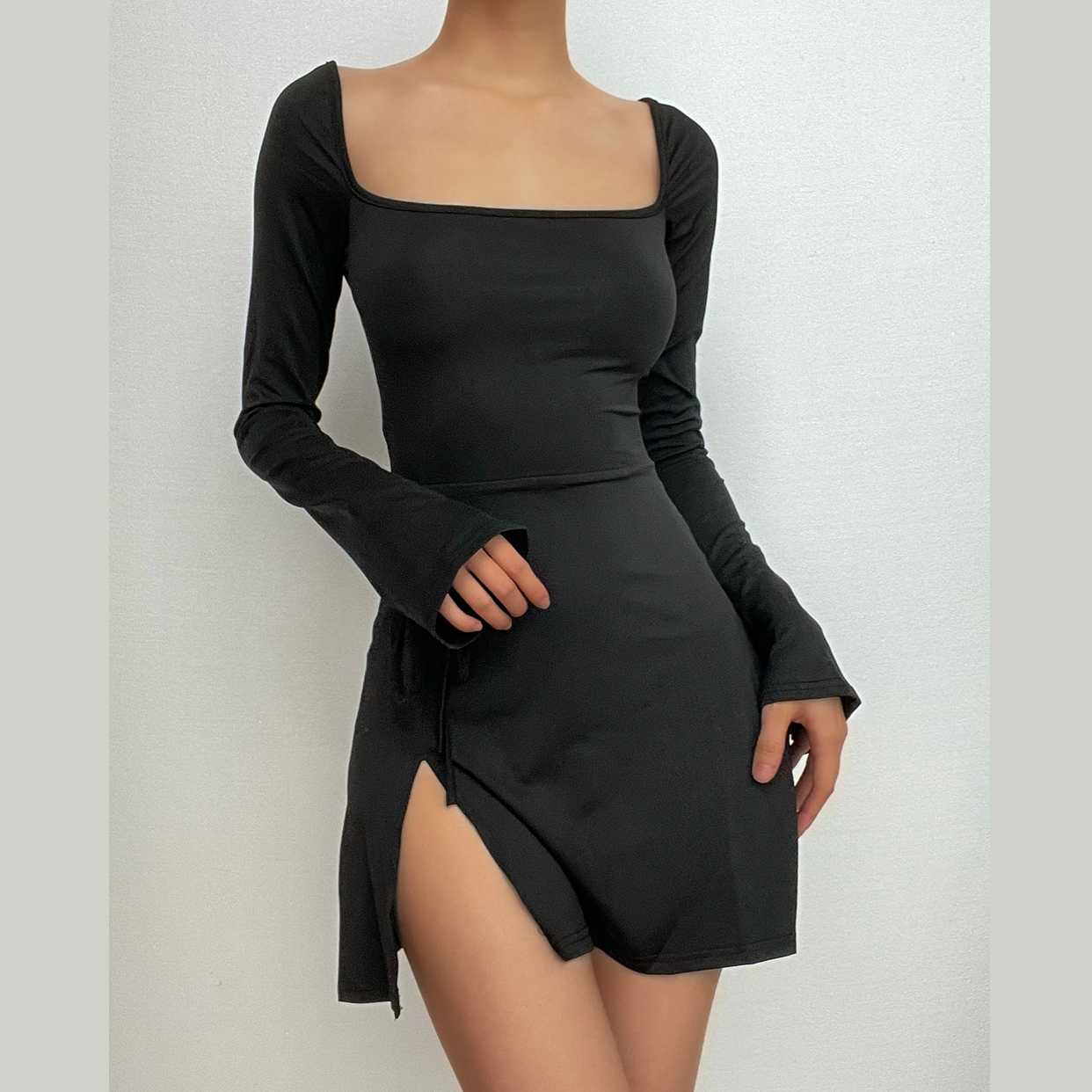 BerryBetty - Long sleeve solid slit square neck self tie mini dress