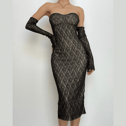 BerryBetty - Lace gloves sweetheart neck backless tube midi dress