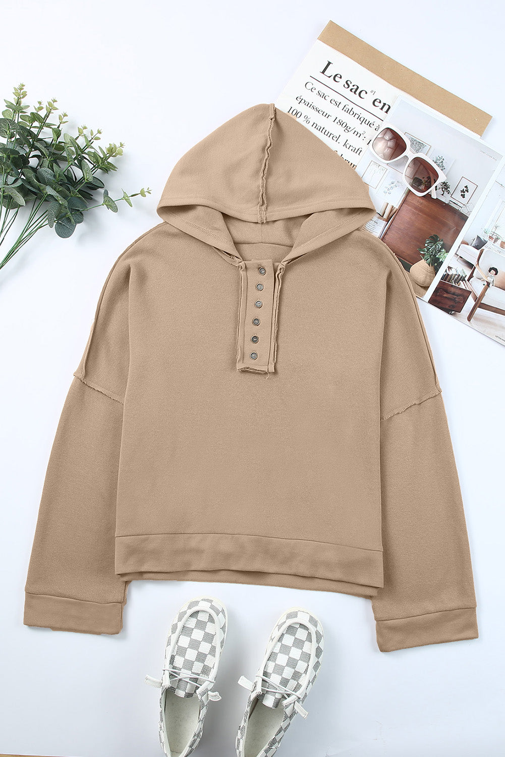 BerryBetty - Khaki Casual Button Solid Patchwork Trim Hoodie