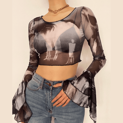 BerryBetty - Round neck sheer mesh print long sleeve crop top