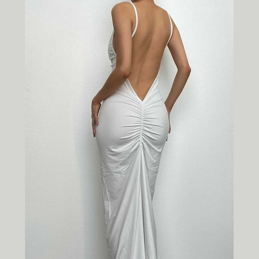 BerryBetty - Solid v neck ruched backless cami maxi dress