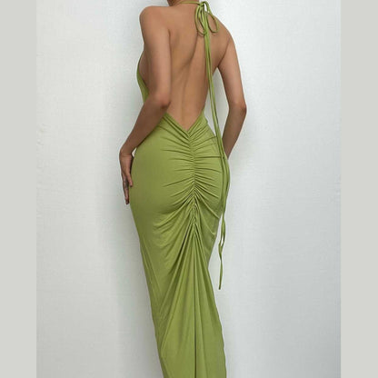 BerryBetty - Backless solid ruched self tie halter maxi dress