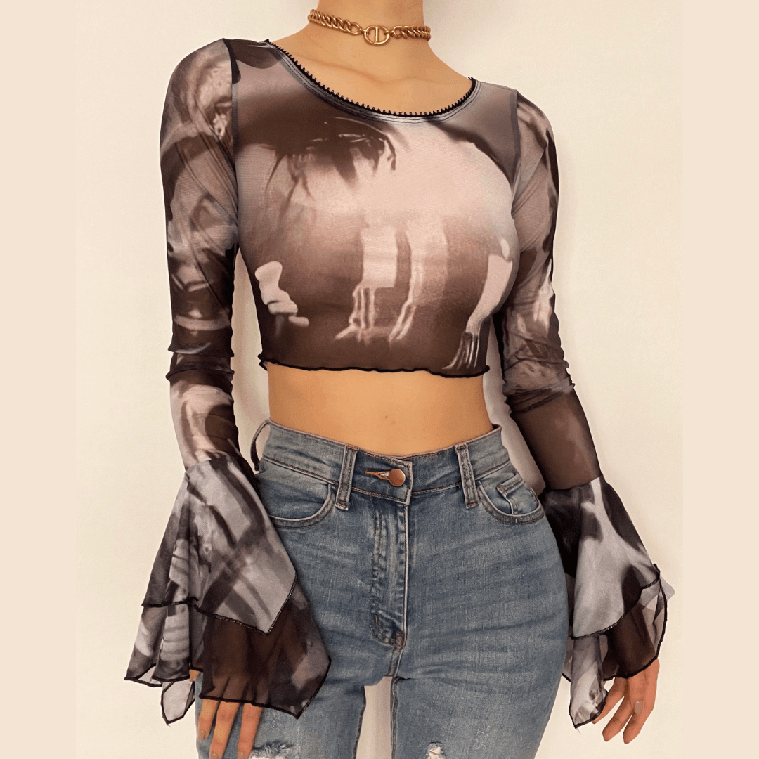 BerryBetty - Round neck sheer mesh print long sleeve crop top