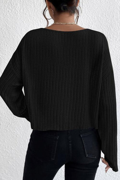 BerryBetty - Ribbed Round Neck Drop Shoulder Long Sleeve Top